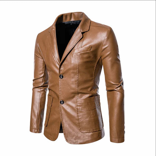 2024 New Men's Business Casual Leather Jacket Black / khaki Fashion Male Suit Col