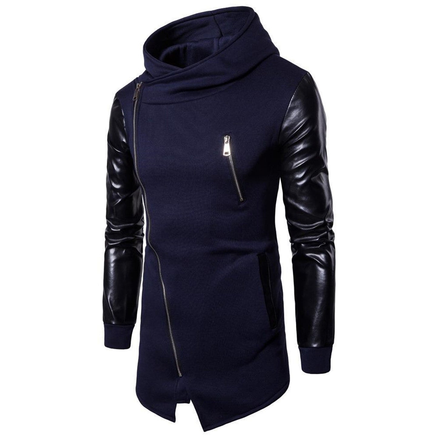 Gothic Men Fashion Hooded Sweatshirts PU Leather Patchwork Side Zipper Medium L