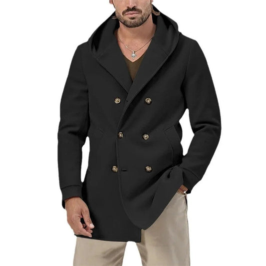 2024 Winter Men'sDouble Breasted Trench Coat Warm Cardigan Jacket Solid Color