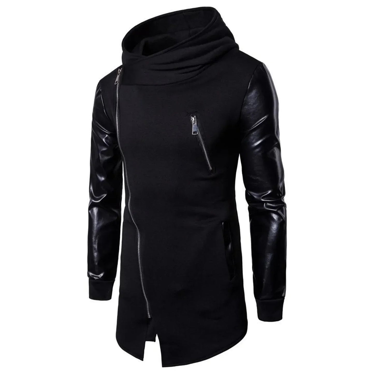 Men's Fashion Handsome Leather Hoodies Sweatshirts Black Gothic Zipper Side Lace