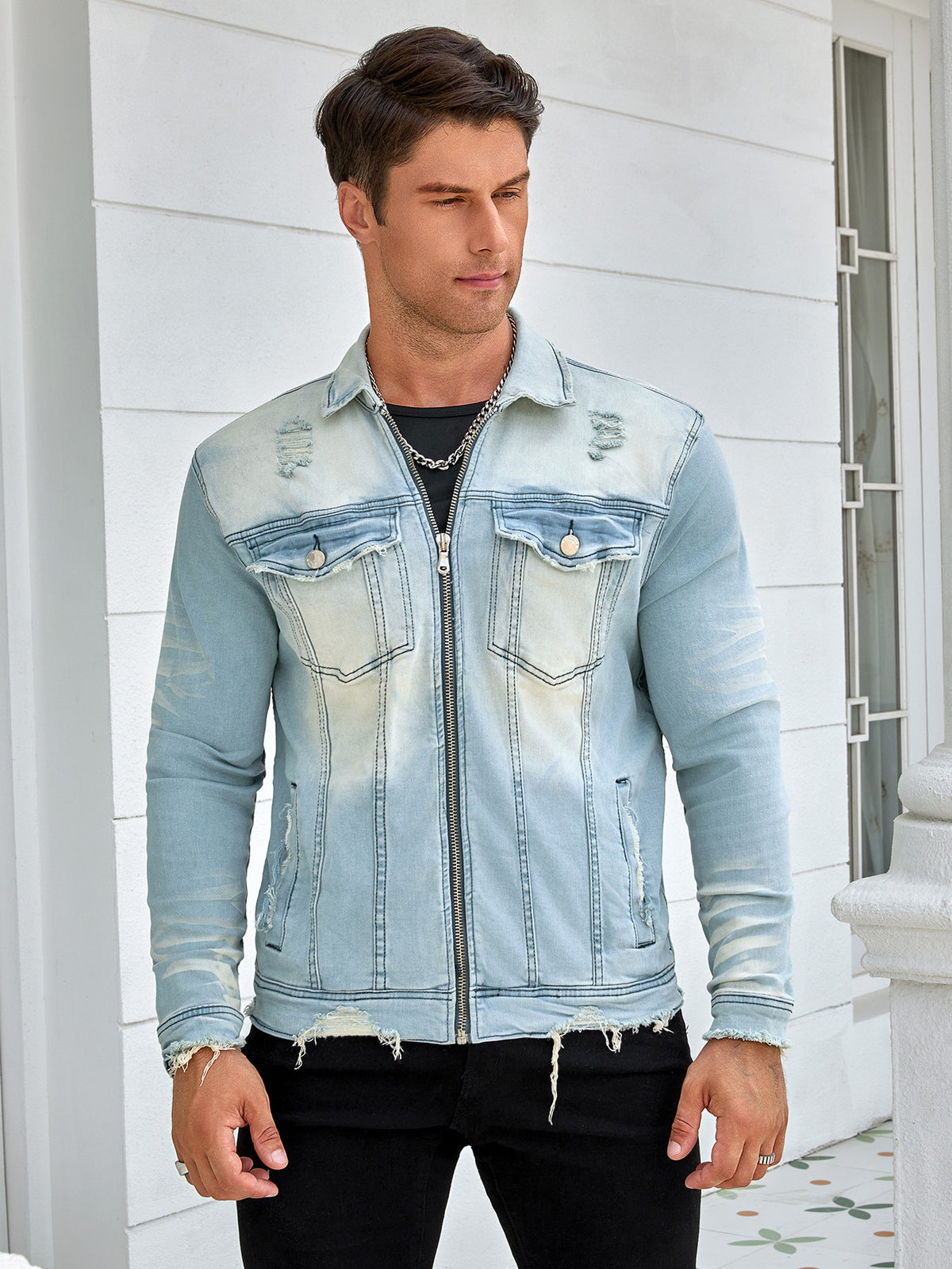 Men'S Denim Stretch Jacket, Zipper Style, Fashion Wash, Street Rock Sty