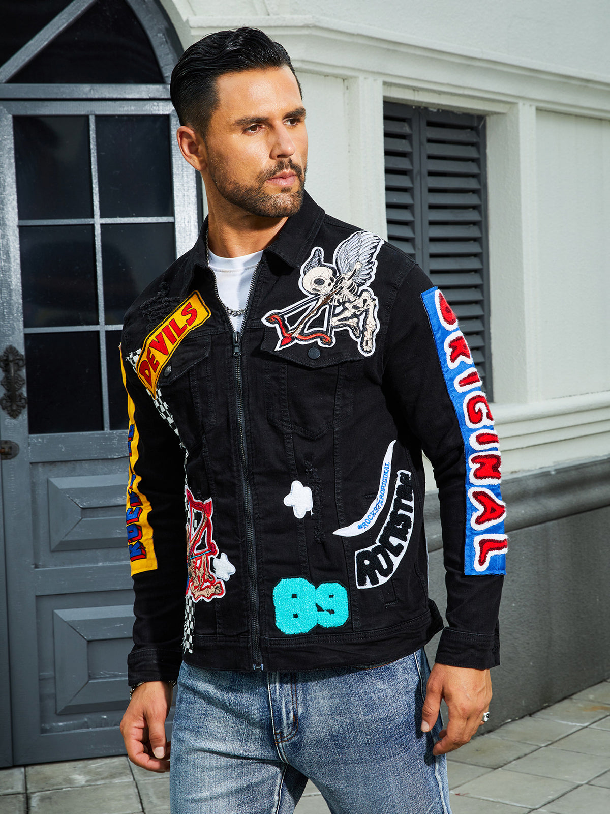 Men'S Stretch Denim Jacket, Cat Creases Wash Water, Full Embroidered Seal Desig