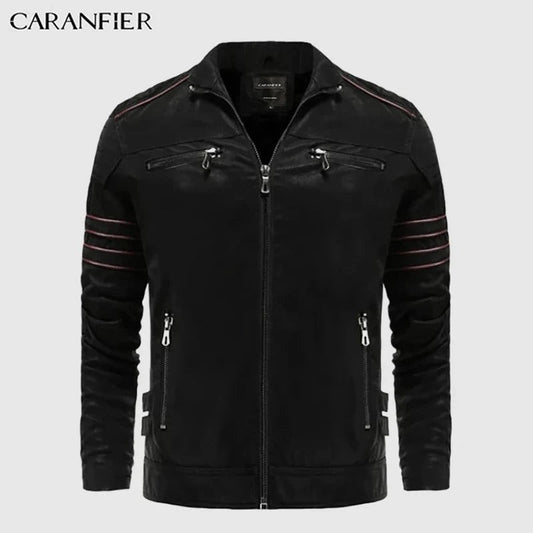 CARANFIER Men'ss Leahter Jacket Men's Washed Retro Velour PU Jackets Male Motorcycl