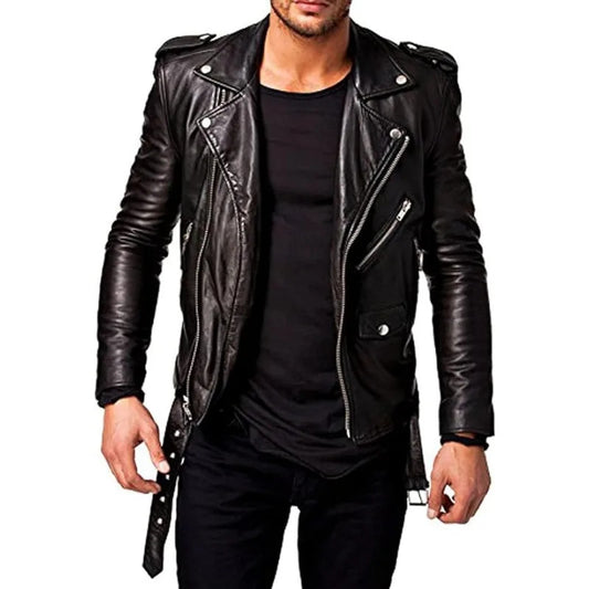 Men Leather Jacket -imitation Lambskin Winter Vintage Motorcycle Biker Jacket,