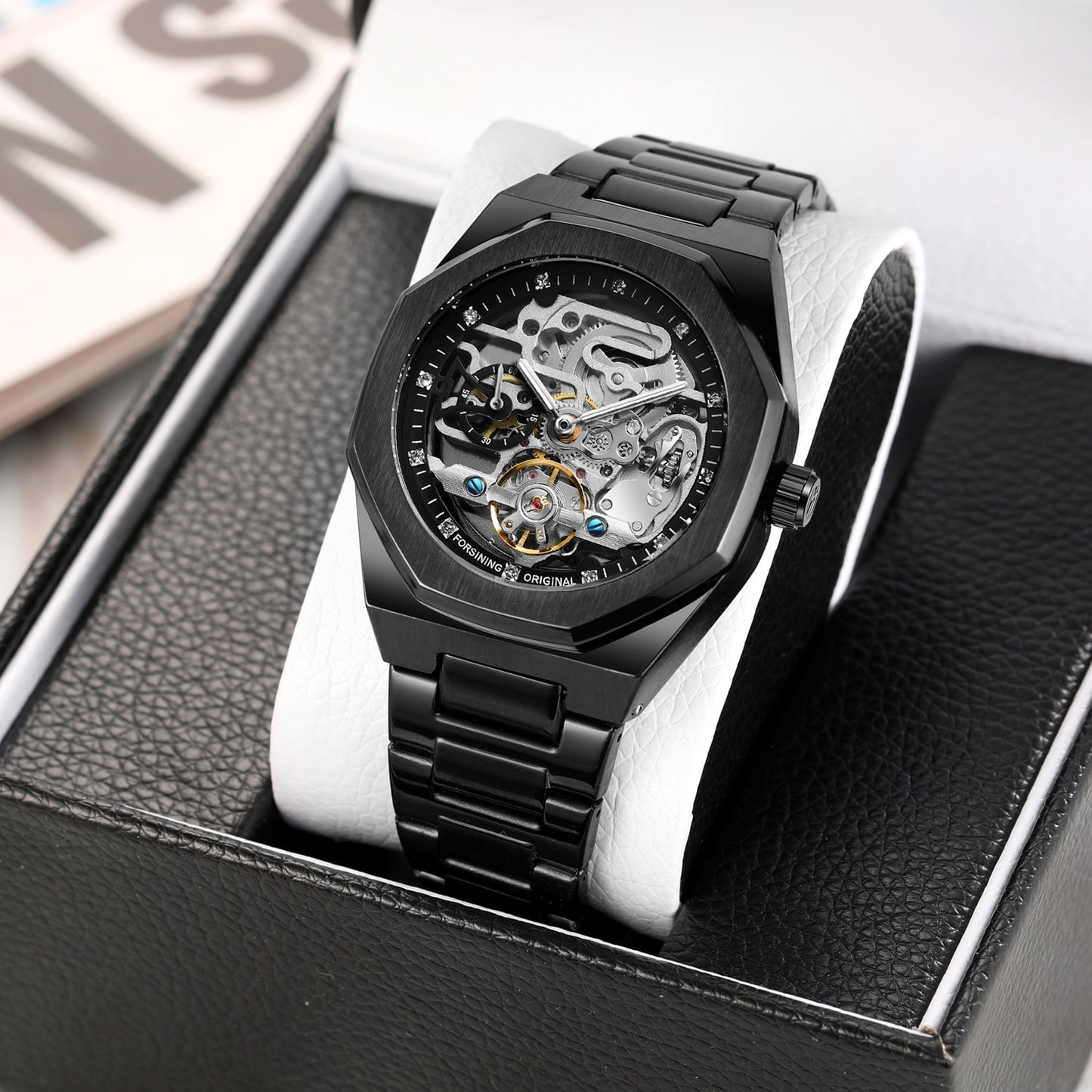 Forsining Black Automatic Watch 3D Diamond Dial Irregular Skeleton Mechanical W image 8