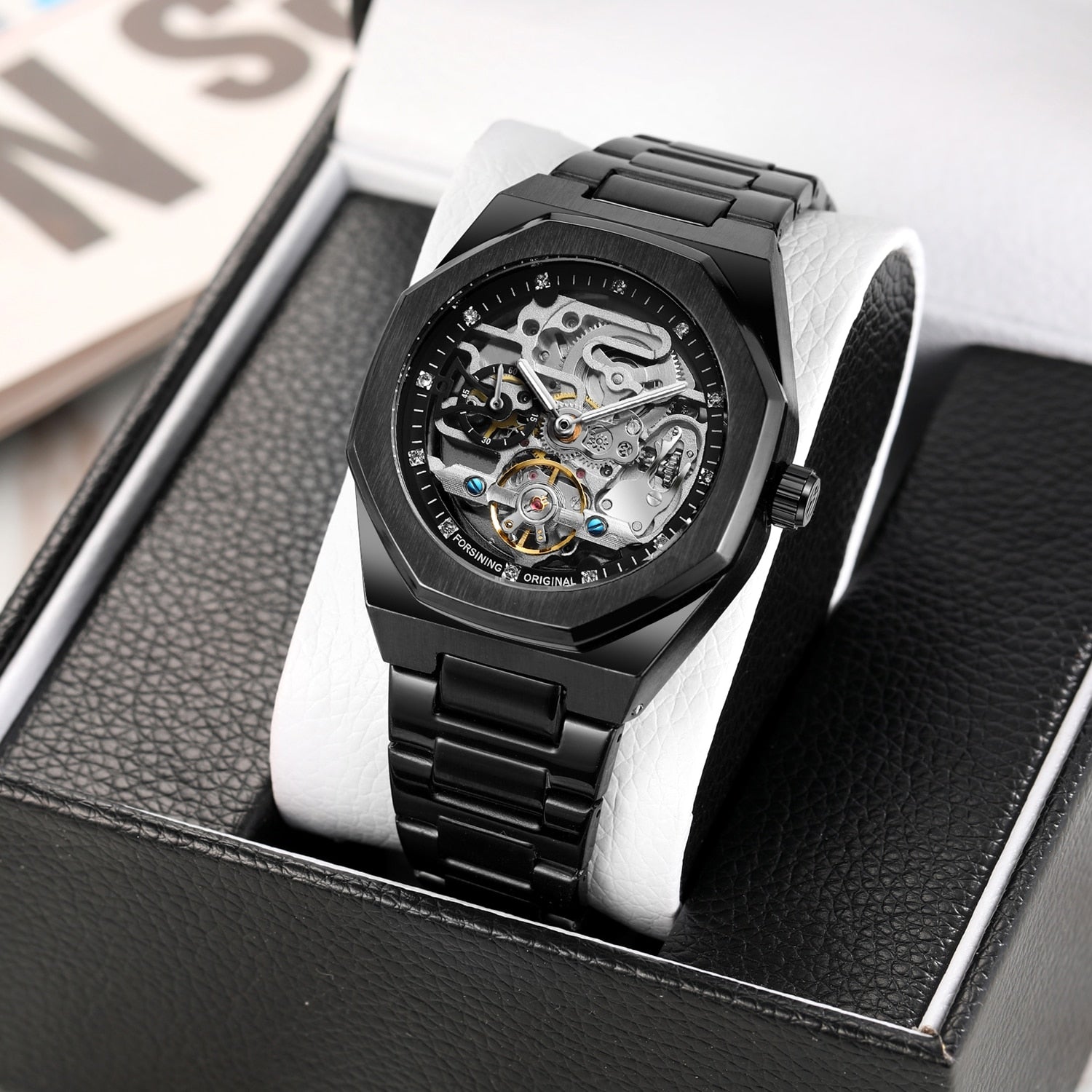 Forsining Black Automatic Watch 3D Diamond Dial Irregular Skeleton Mechanical W image 8