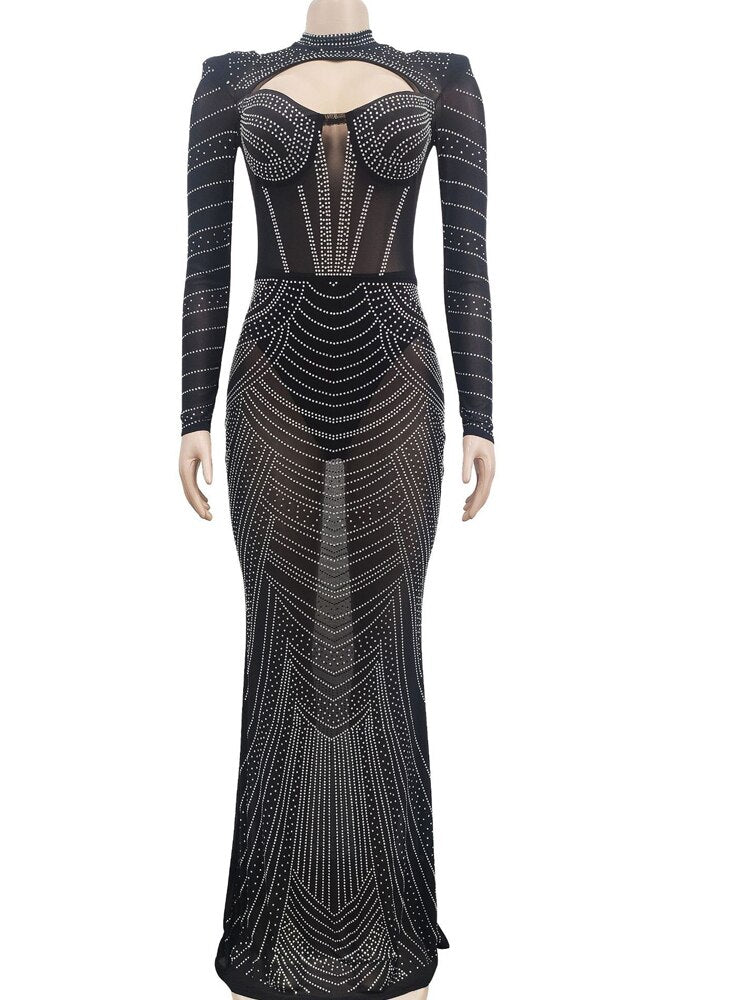 Kricesseen Gorgeous Shine Rhinestone Crystal Mesh Sheer Maxi Dress New Women image 0