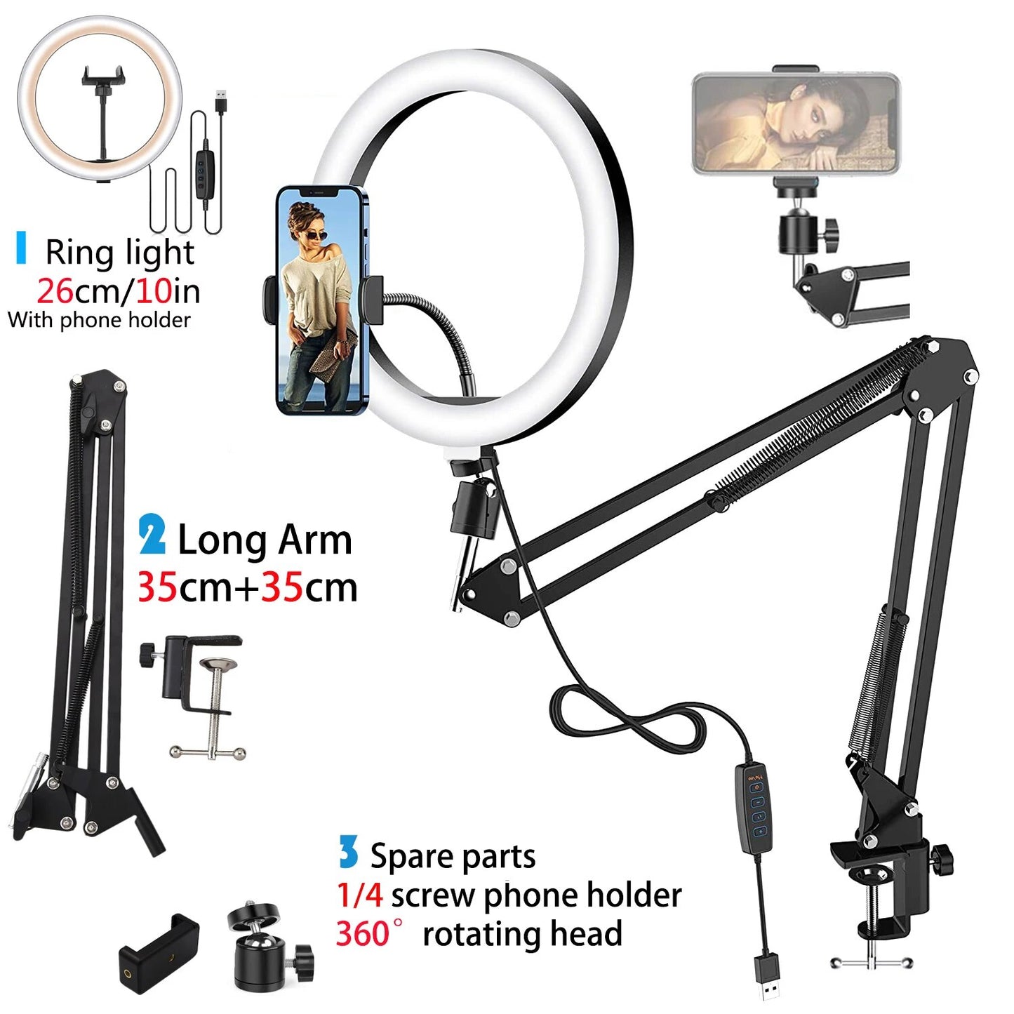 LED Selfie Ring Light Phone Stand With Folding Arm Circle Fill Light Dimmable T image 5