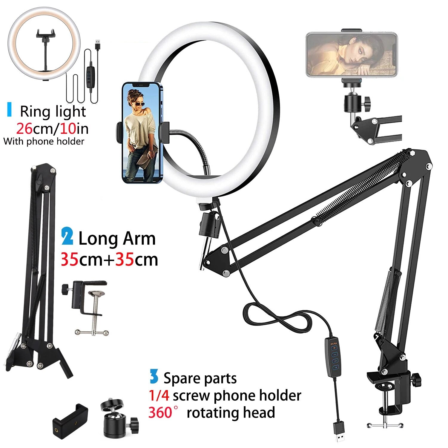 LED Selfie Ring Light Phone Stand With Folding Arm Circle Fill Light Dimmable T image 5