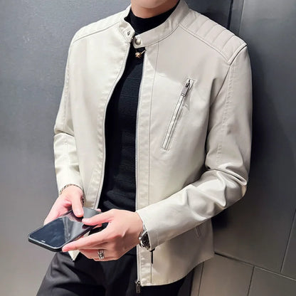 Spring and Autumn Men Motorcycle Leather Jacket Casual Stand Collar Solid Col image 3