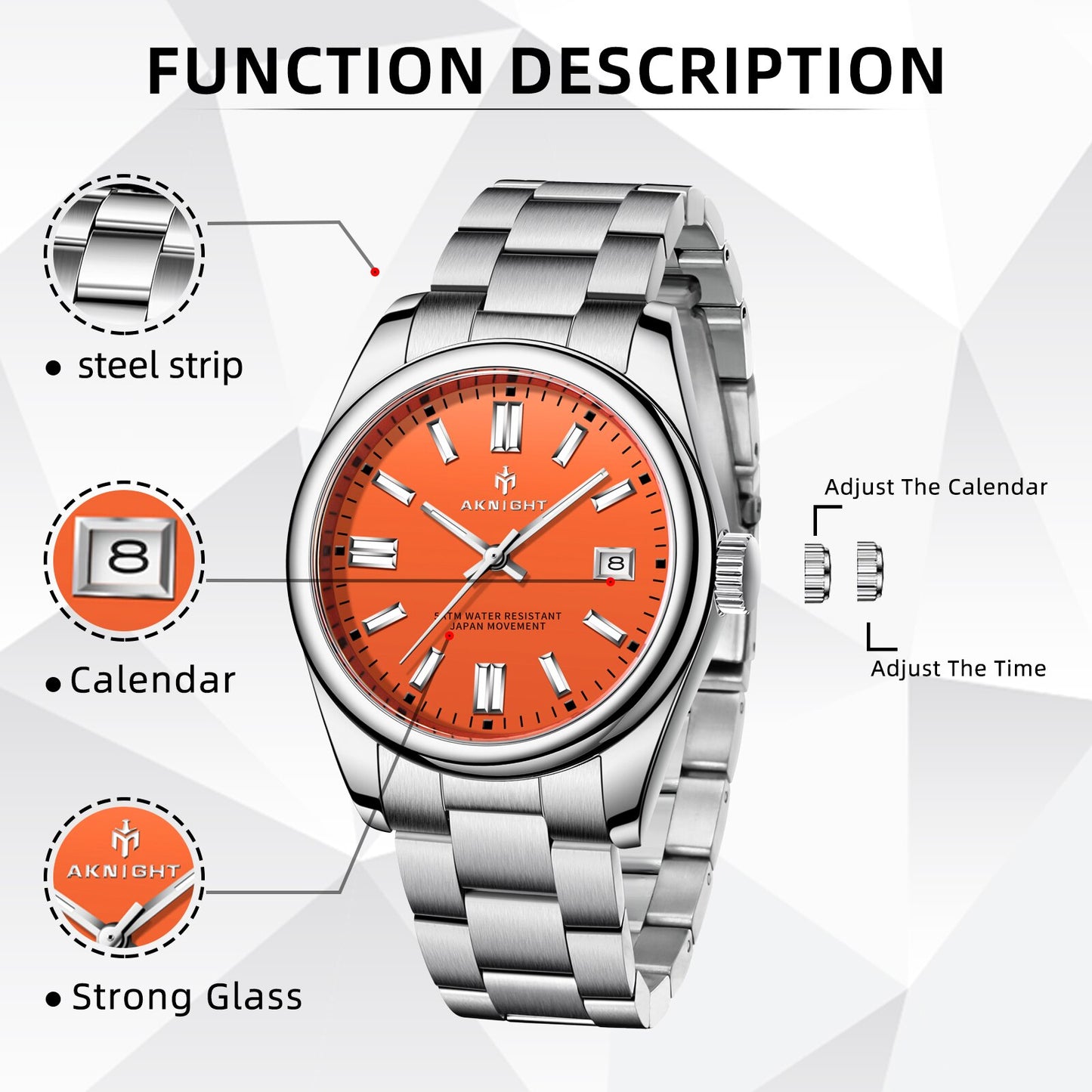 Watch for Men Orange Watch Dial Analog Quartz Wristwatches AKNIGHT Waterproof C image 8