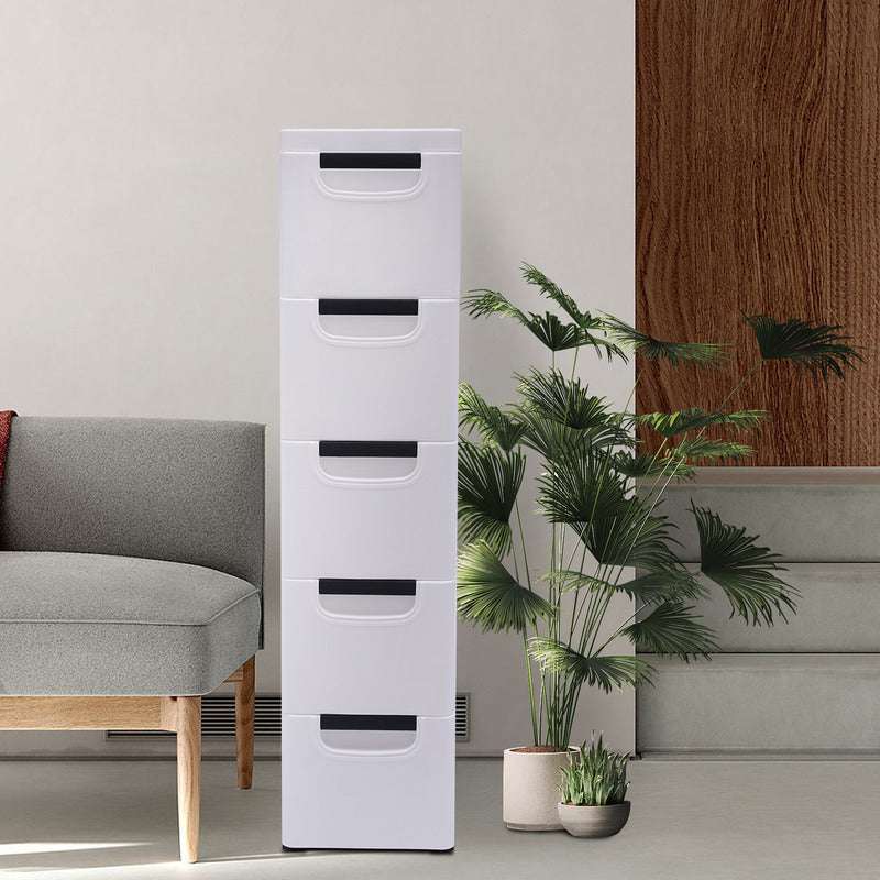 5-Tier Vertical Clothing Storage Cabinet Narrow Plastic Clothing Organizer Towe