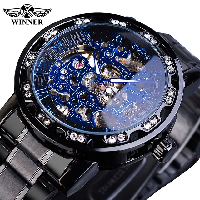 Winner Fashion Watches Classic Rhinestone Clock Roman Analog Male Skeleton Cloc image 4