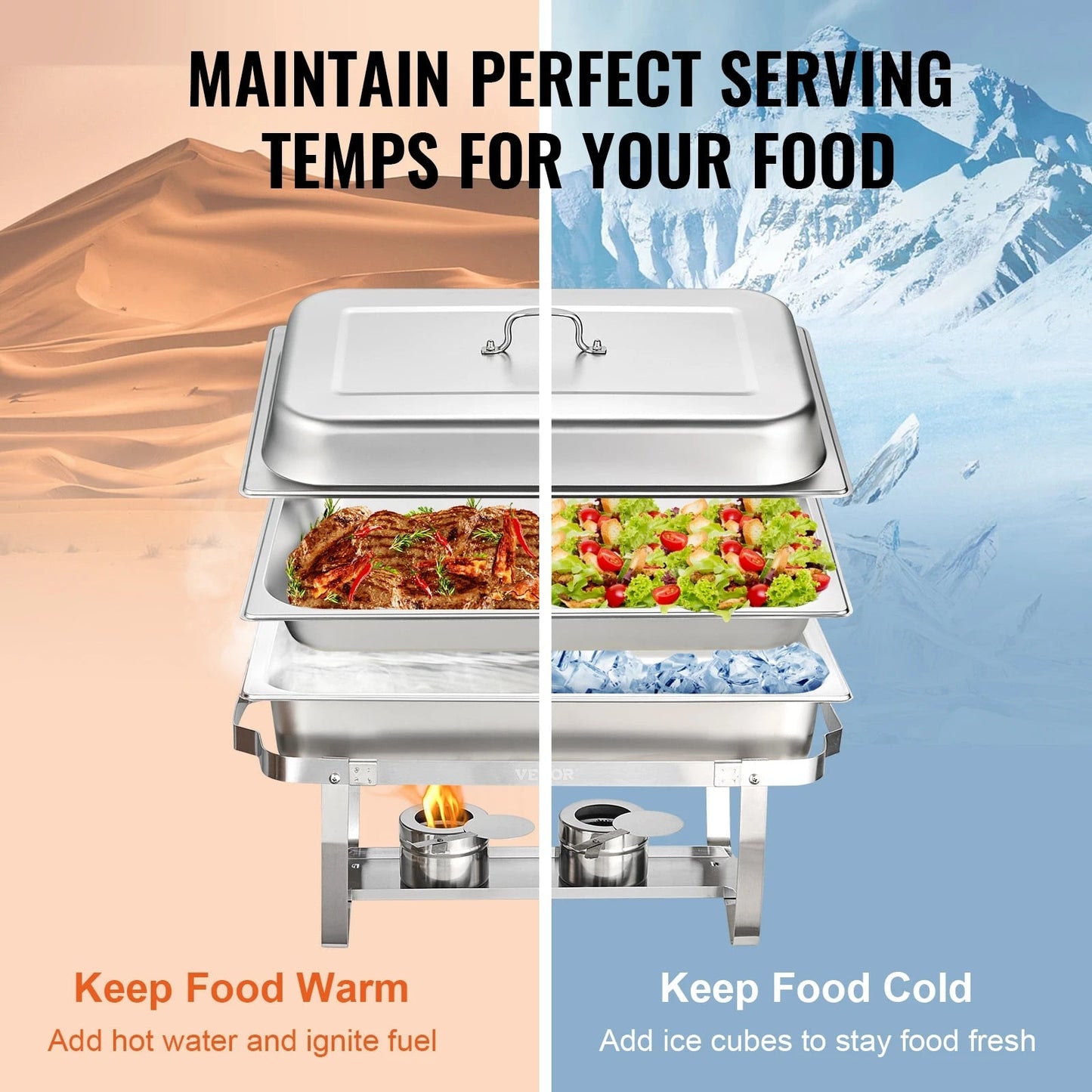 VEVOR 8QT Rectangle ChaFolding Dish 2/4/6 Packs w/ Full Size Pans Buffet Catering