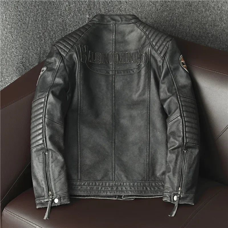,Biker Popular motor style Vintage men's quality genuine leather J image 6