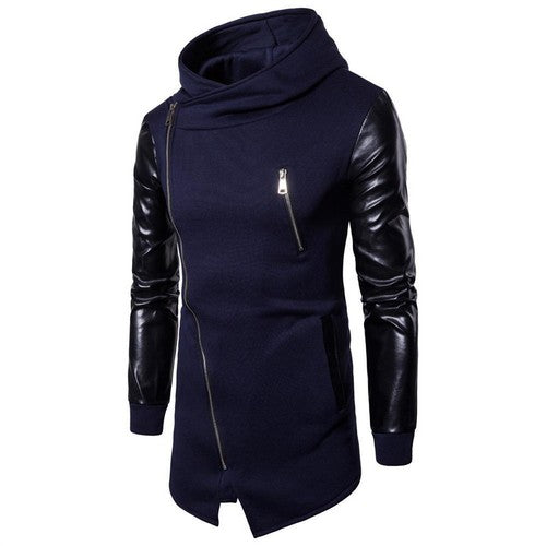 Gothic Men Fashion Hooded Sweatshirts PU Leather Patchwork Side Zipper