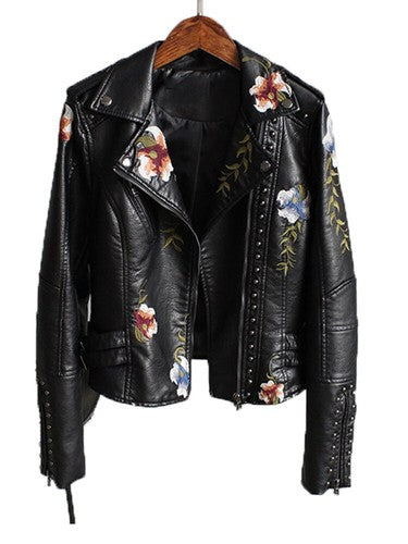 Ftlzz Women Floral Print Embroidery Faux Soft Leather Jacket Coat  Tur