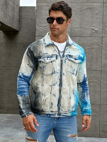 Men's fashion stretch jacket, full strip printing, fashion wash, has a