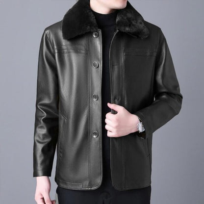 Winter Fur Collar Leather Jacket Men's Button Pu Leather Men Large Siz