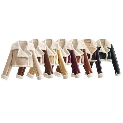 Women's Cropped Wool Blend Bomber Jacket – Turn-Down Collar, Zipper, Sizes XS–XL, 7 Colors