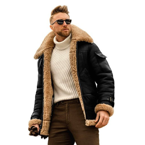 Men s Stylish Leather Jacket with Woolen Fleece Lining Zip Up Closure