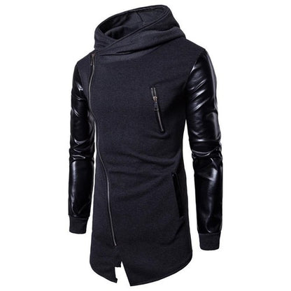 Gothic Men Fashion Hooded Sweatshirts PU Leather Patchwork Side Zipper