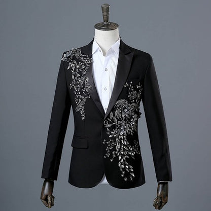 Floral Embroider Men's Suits Singer Nightclub Wedding Party Host One B