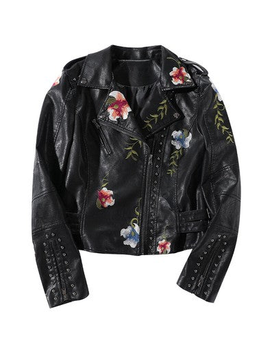 FTLZZ New Spring Autumn Women Biker Leather Jacket  Floral Print Embro