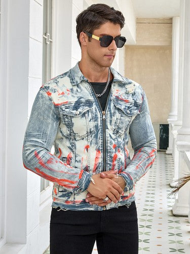 Men's fashion stretch jacket, full stripe print, fashion wash, pattern