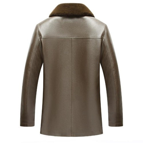 Winter Fur Collar Leather Jacket Men's Button Pu Leather Men Large Siz