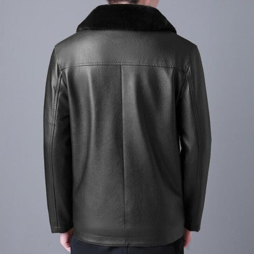Winter Fur Collar Leather Jacket Men's Button Pu Leather Men Large Siz