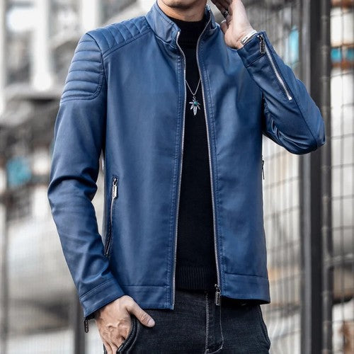 Men's Motorcycle PU Leather Jacket – Turn Down Collar, Slim Fit, Autumn Winter, Blue