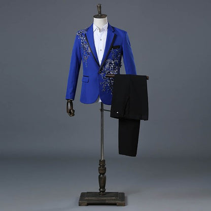 Floral Embroider Men's Suits Singer Nightclub Wedding Party Host One B