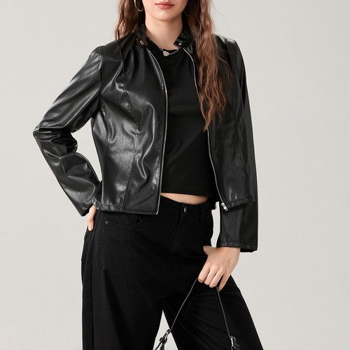 Women's Faux Leather Jacket Slim Moto Biker Jacket Outerwear Long Slee
