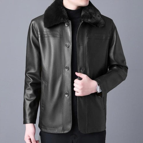 Winter Fur Collar Leather Jacket Men's Button Pu Leather Men Large Siz