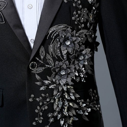Floral Embroider Men's Suits Singer Nightclub Wedding Party Host One B