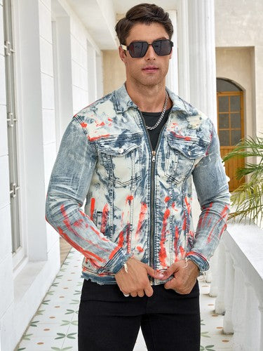 Men's fashion stretch jacket, full stripe print, fashion wash, pattern