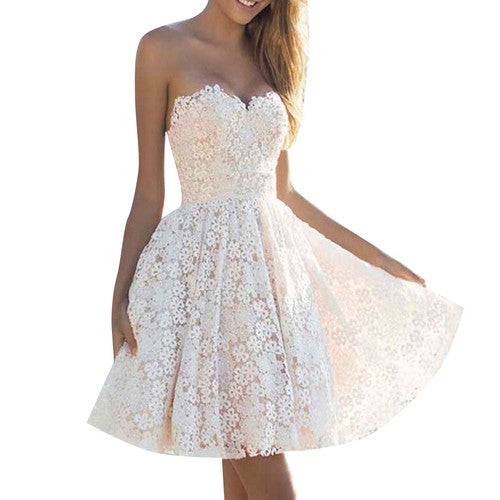 Off Shoulder White Floral Lace Dress Delicate Design Elastic Waist  A-