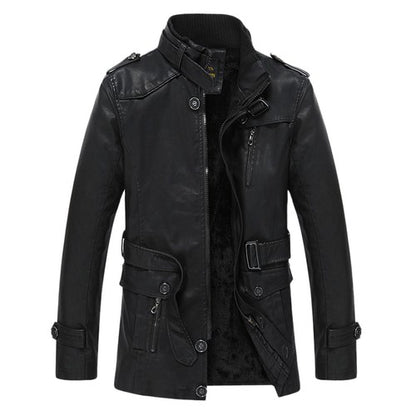 Men's Outdoor Sport Motorcycle Leather Jacket Solid Color Zipper Stand