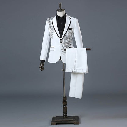 Floral Embroider Men's Suits Singer Nightclub Wedding Party Host One B