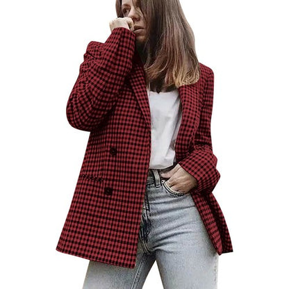 Ladies' Autumn And Winter Double Breasted Lapel Long Sleeved Checkered