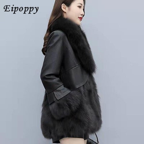 Women's Korean-Style Faux Fox Fur Slim-Fit Mid-Length Leather Coat Fur
