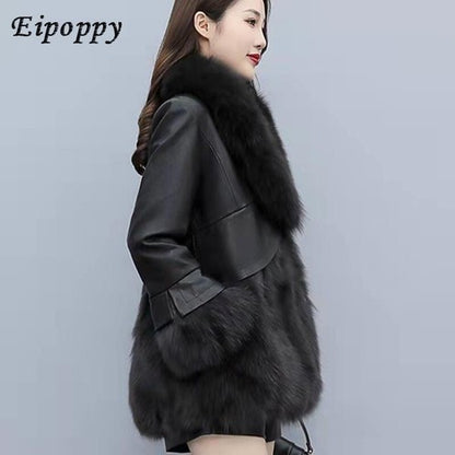 Women's Korean-Style Faux Fox Fur Slim-Fit Mid-Length Leather Coat Fur