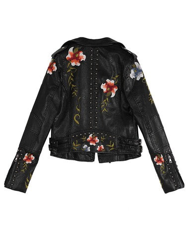 Ftlzz Women Floral Print Embroidery Faux Soft Leather Jacket Coat  Tur