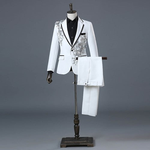 Floral Embroider Men's Suits Singer Nightclub Wedding Party Host One B