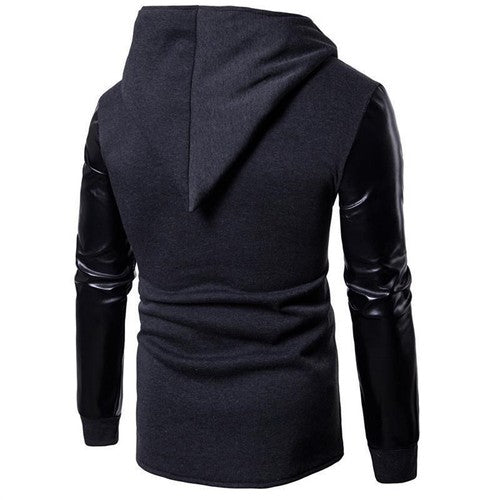 Gothic Men Fashion Hooded Sweatshirts PU Leather Patchwork Side Zipper
