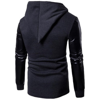 Gothic Men Fashion Hooded Sweatshirts PU Leather Patchwork Side Zipper