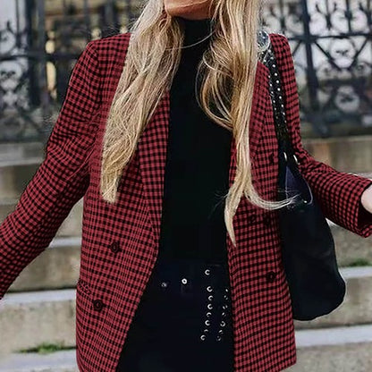 Ladies' Autumn And Winter Double Breasted Lapel Long Sleeved Checkered