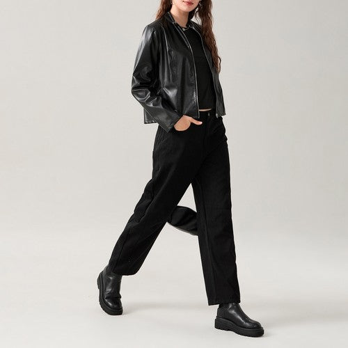 Women's Faux Leather Jacket Slim Moto Biker Jacket Outerwear Long Slee