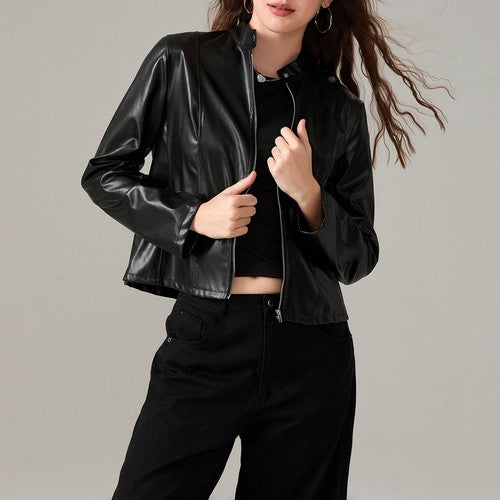 Women's Faux Leather Jacket Slim Moto Biker Jacket Outerwear Long Slee